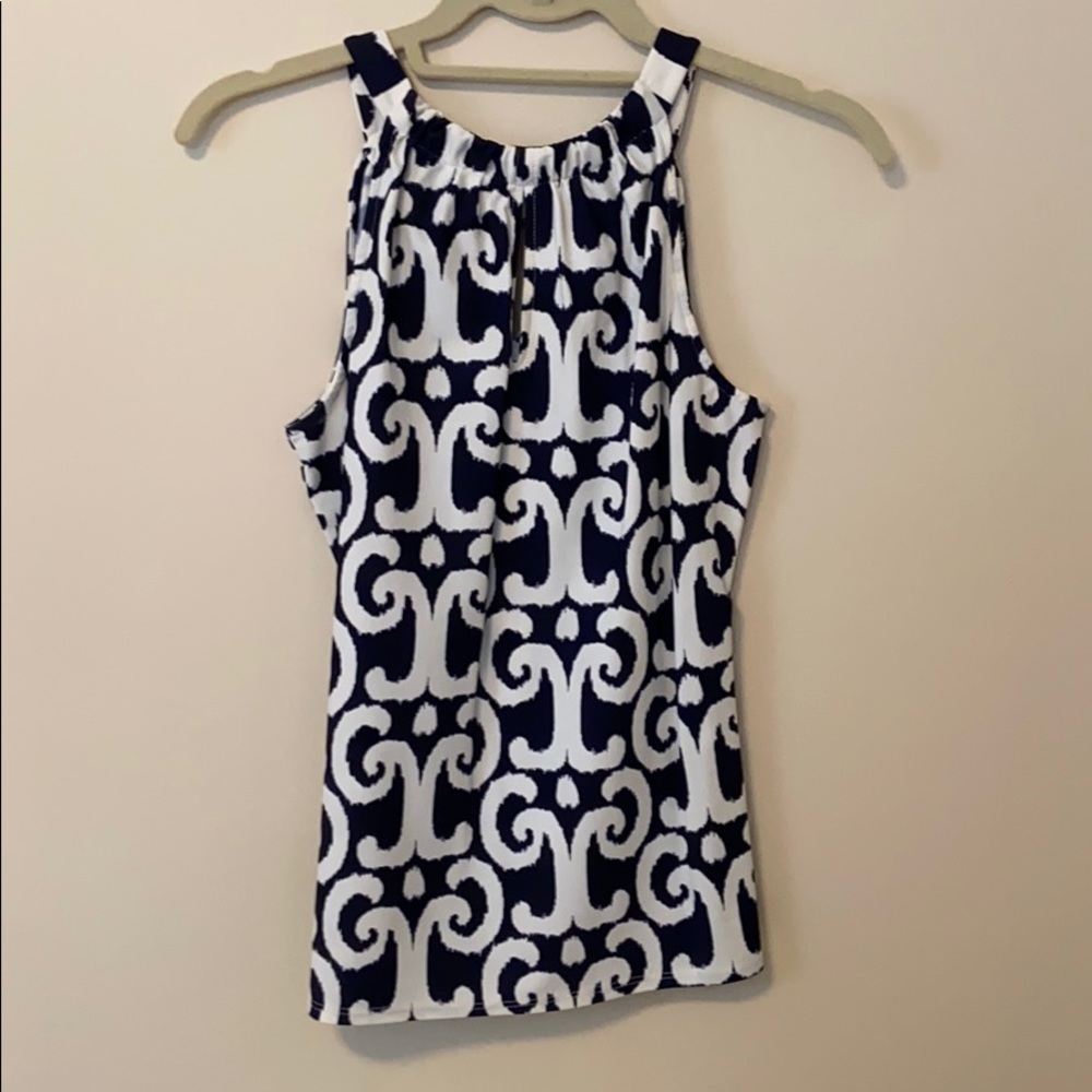 High neck blue and white patterned silky tank